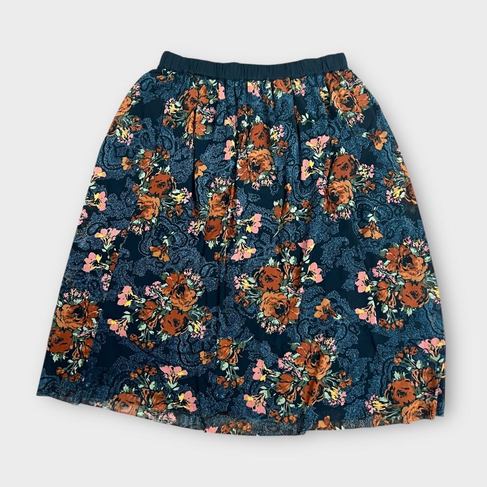 Du Jour Pull-On Lined Floral Printed Mesh Skirt Womens Size Large‎ Navy Cottage